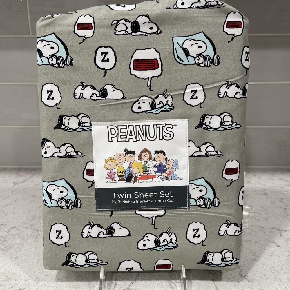 SLEEPY Snoopy TWIN Sheet Set Berkshire Sheets Snoopy Dreaming Gray / Green NEW